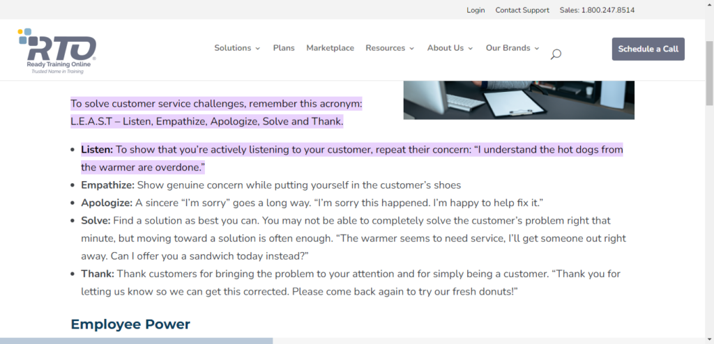 Screenshot of LEAST acronym in customer service.