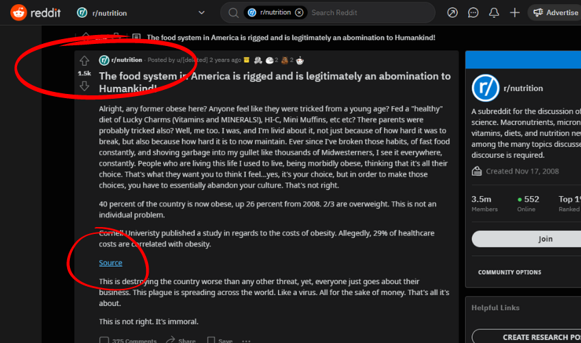 Screenshot of Reddit Nutrition subreddit highlighting a post with a link to a source to back their argument. 