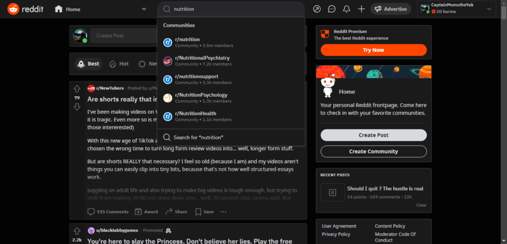 Screenshot of Reddit homepage showing an organic search for the keyword nutrition in the Reddit search bar. 