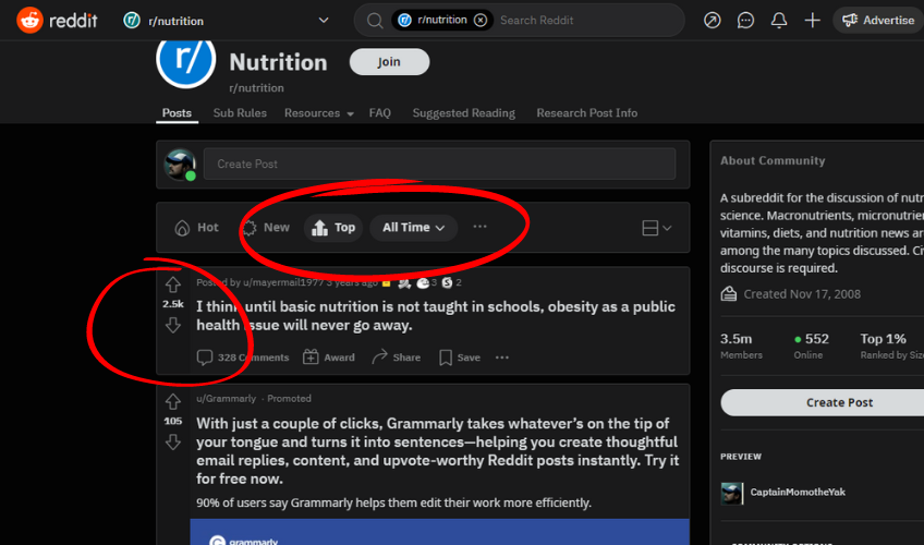 Screenshot of Reddit Nutrition subreddit highlighting the top and all time tabs to find the highest ranking content. 