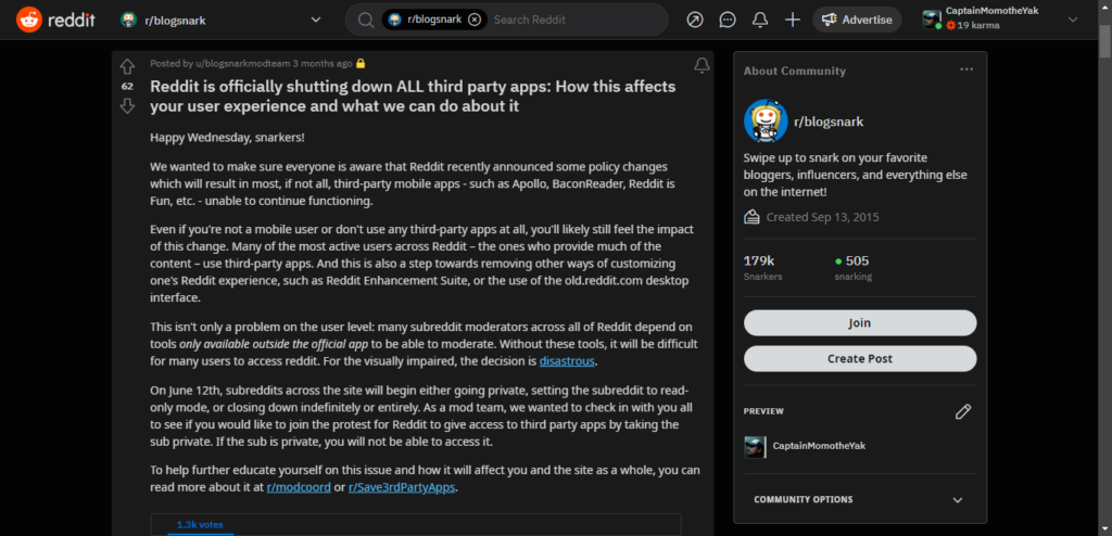 Screenshot of Reddit post confirming the closure of API for third-party apps. 