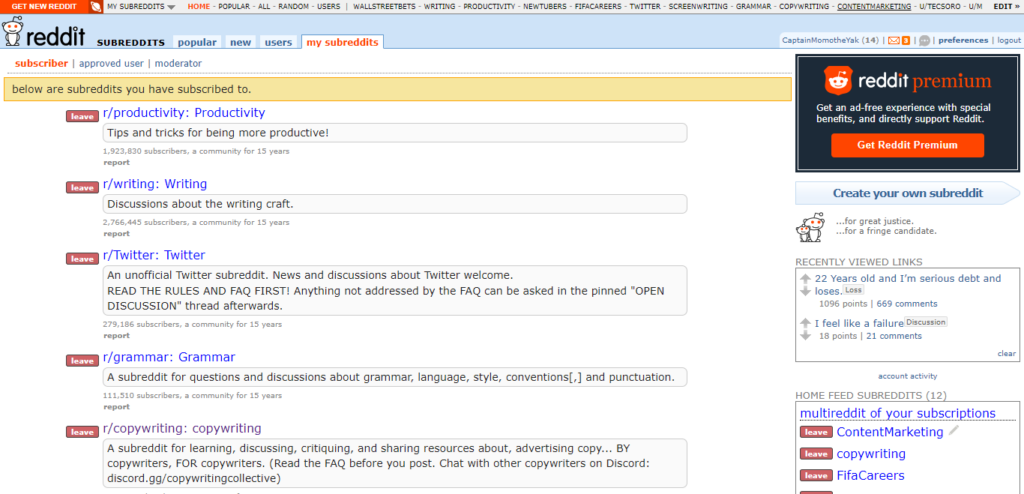 Screenshot of Reddit classic interface with subreddits.