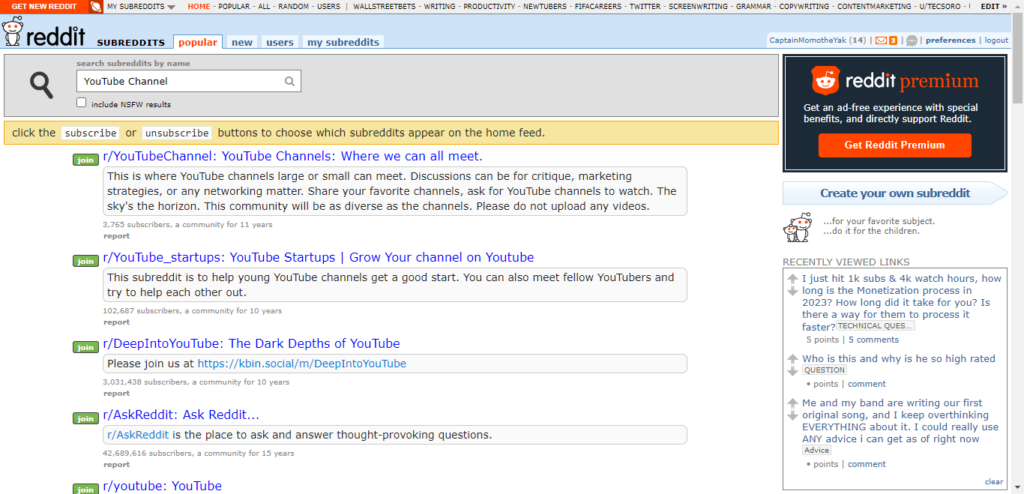 Screenshot of classic Reddit interface showing the old search function. 