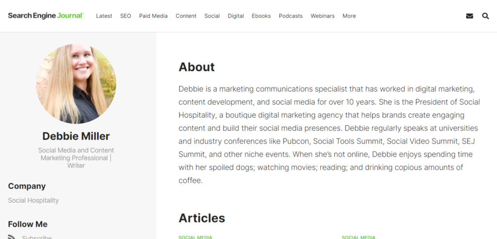 Search Engine Journal author page profile example 2. 