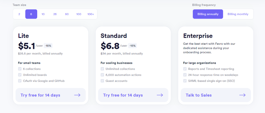 Favro pricing page.