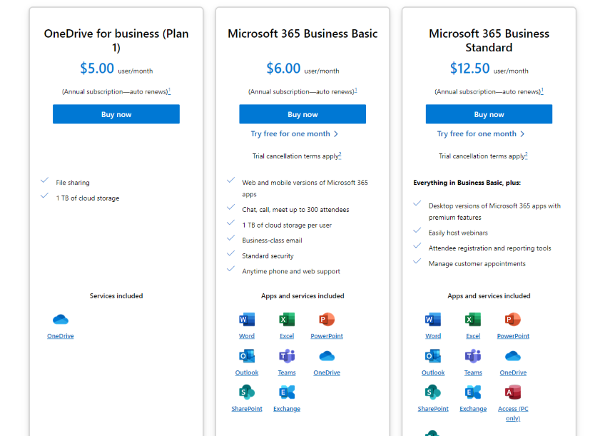Microsoft OneDrive cloud storage service pricing plans.