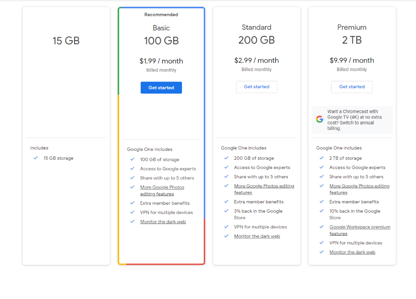 Google Drive cloud storage service pricing plans.