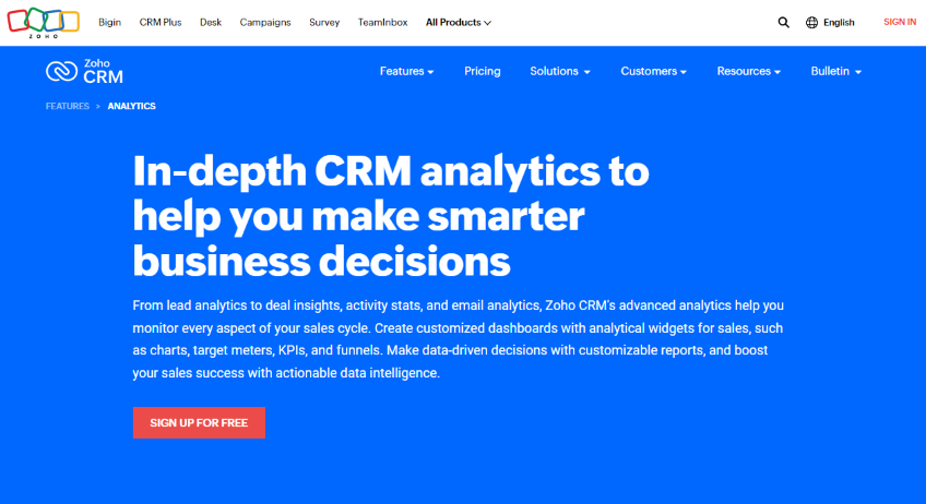 Zoho CRM software solution homepage.