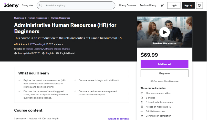 Administrative Human Resources (HR) for Beginners by Udemy home page.