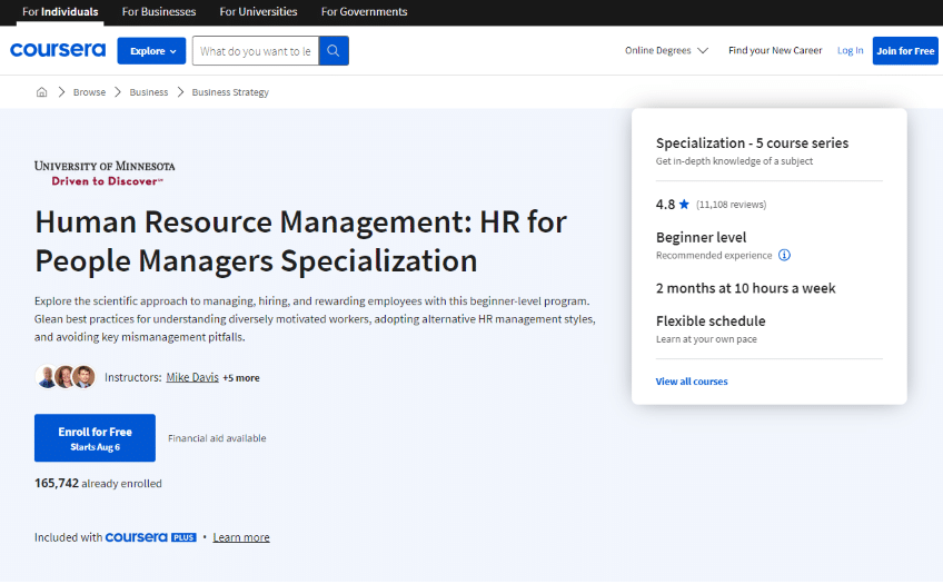 Human Resource Management: HR for People Managers Specialization by Coursera home page.