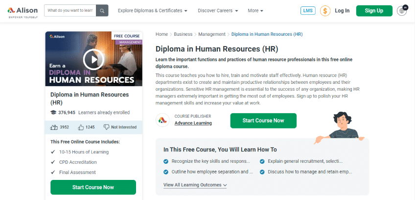 Diploma in Human Resources by Alison home page.