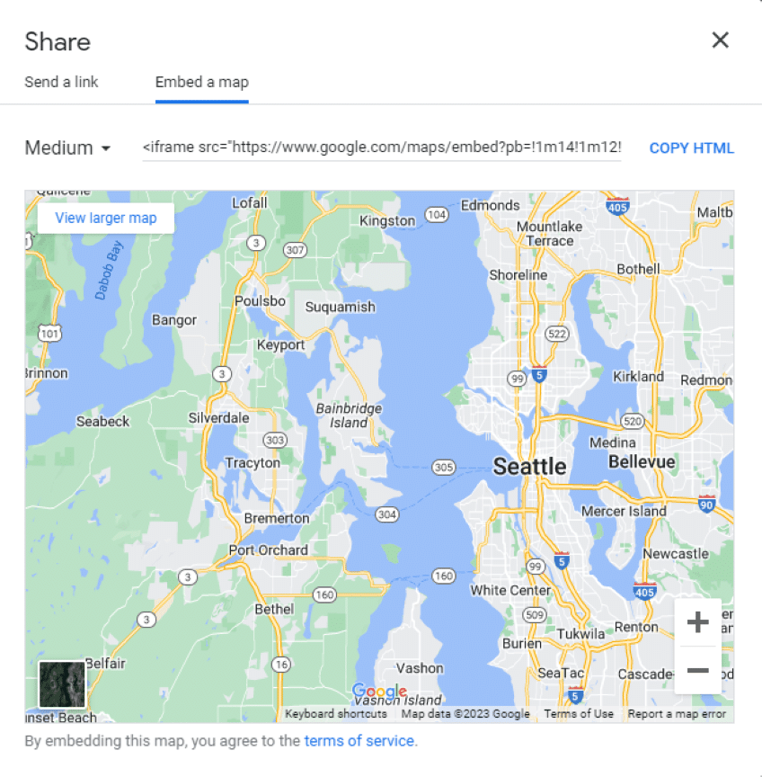 Example of an HTML to embed in website for an address and map from Google.