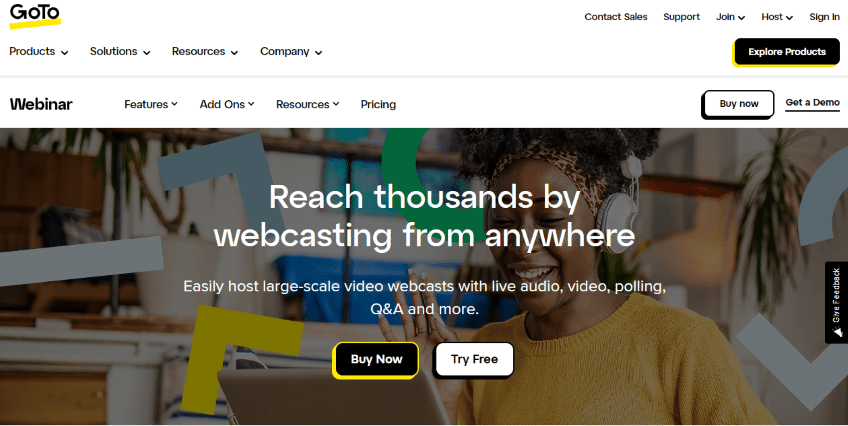 GoTo Webinar webcasting services start for free homepage.