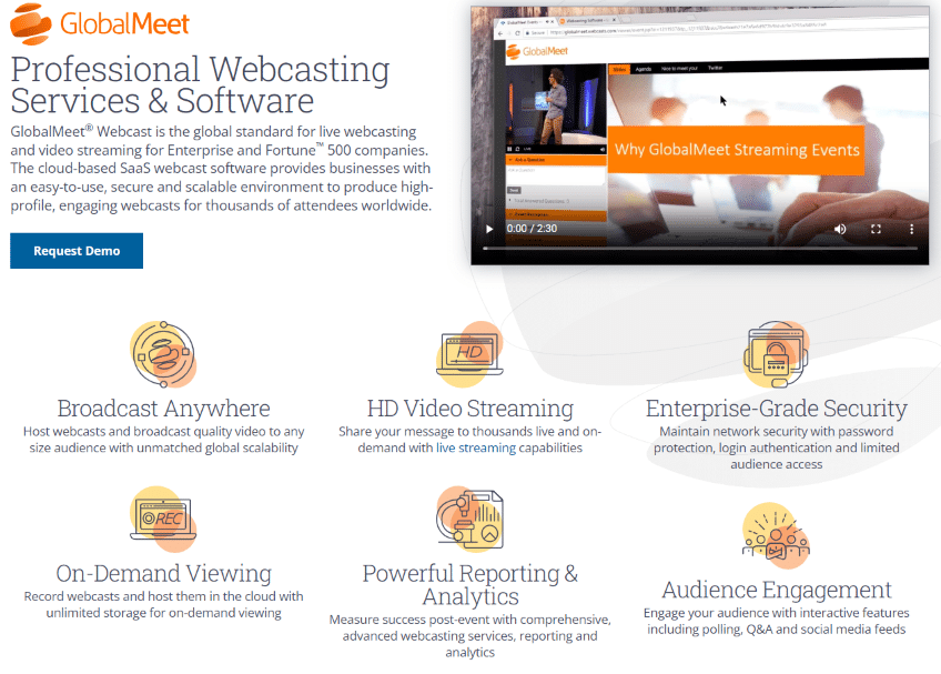 GlobalMeet Webcast Webcasting services view pricing and watch demo homepage.