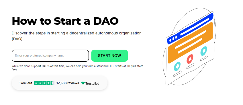 Zenbusiness landing page for DAO and LLC services