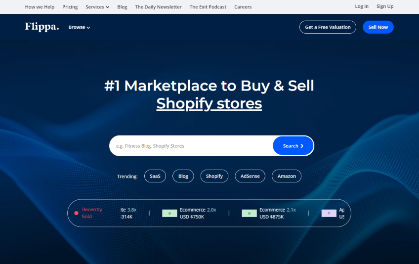 Flippa marketplace to buy and sell apps and websites homepage.