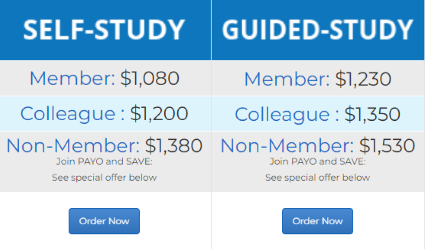 PAYO membership pricing plans for self-study vs. guided-study options.