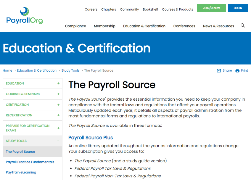 The Payroll Source - PayrollOrg education and certification page.