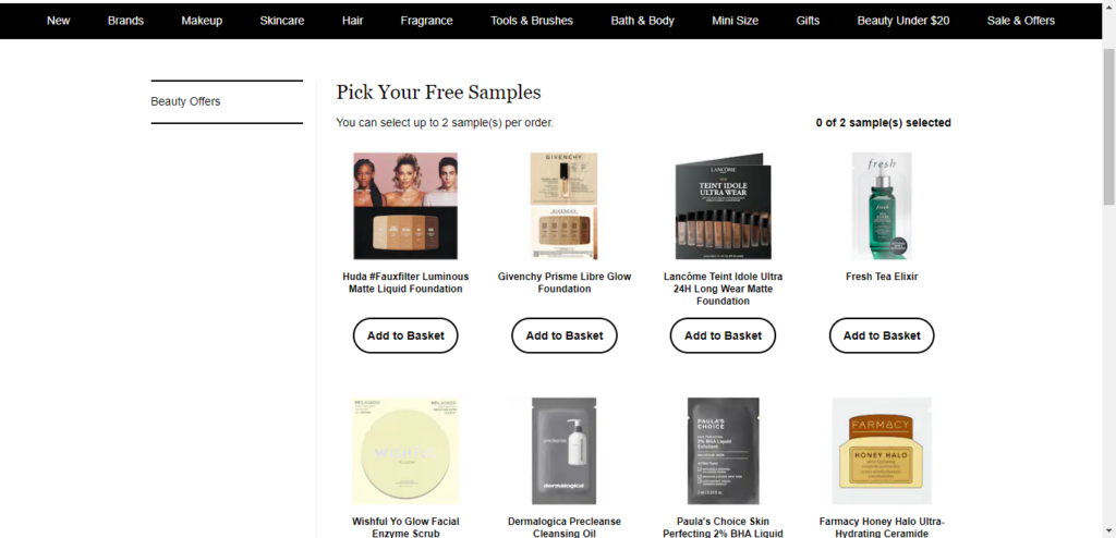 Screenshot of Sephora free sample page.