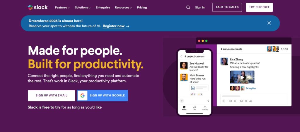 Screenshot of Slack home page