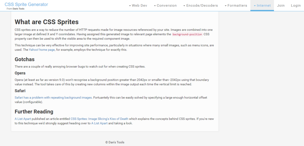 Screenshot of CSS Sprite Generator with explanation of CSS sprites.