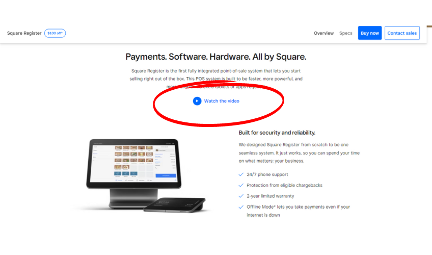Screenshot of Square homepage with watch video button highlighted. 