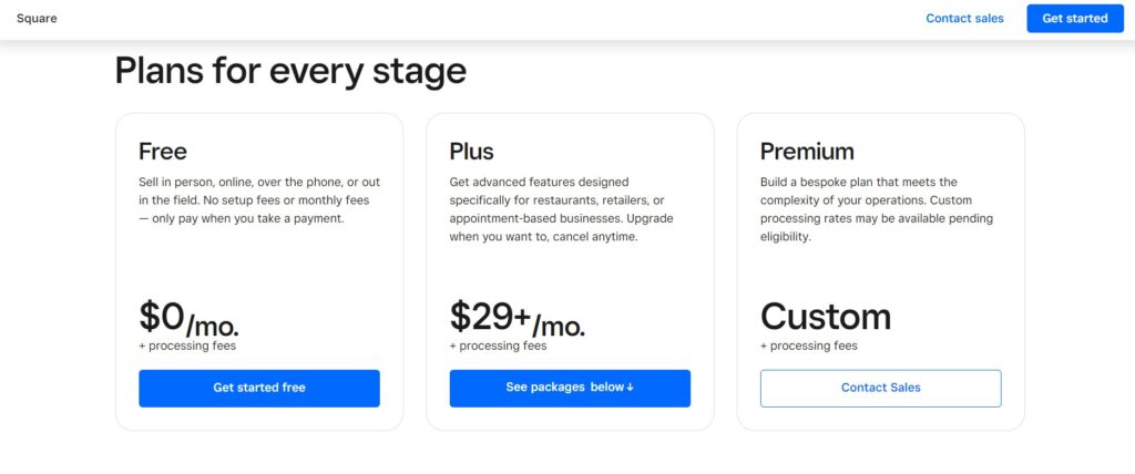 A screenshot of the Square pricing plans.