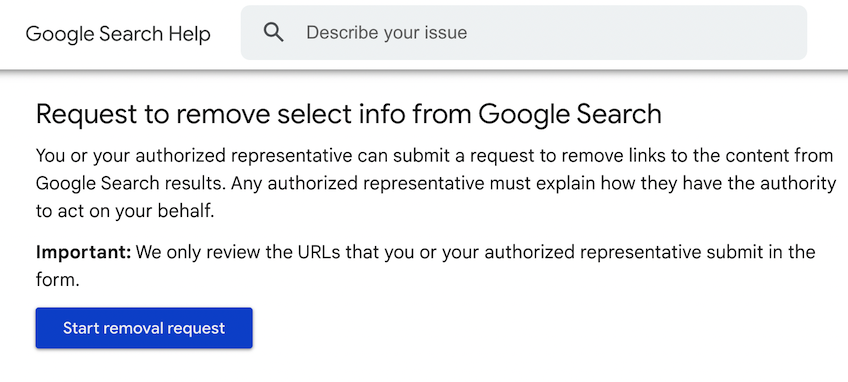 Screenshot of Google's removal request button