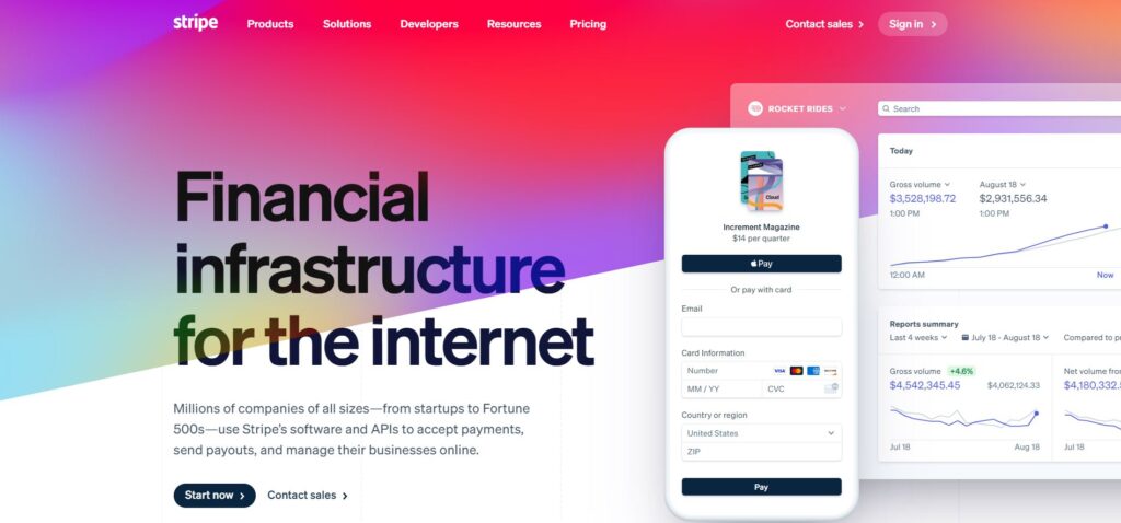 A screenshot of the Stripe homepage. 