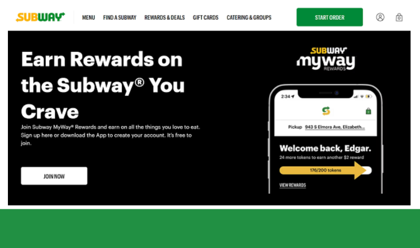Screenshot of Subway rewards. 