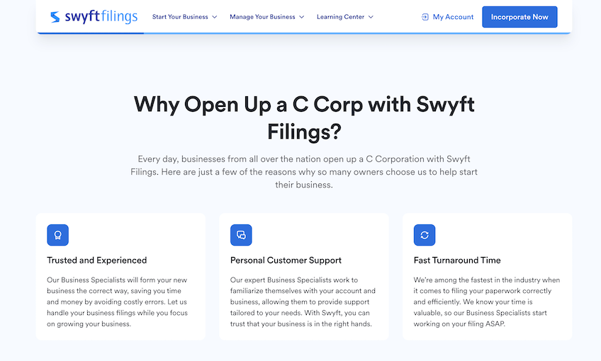 List of reasons why to open a C Corp with Swyft Filings