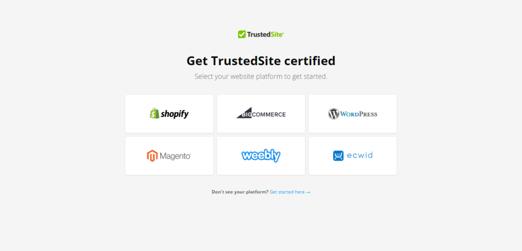 Screenshot of TrustedSite integrated platform options. 