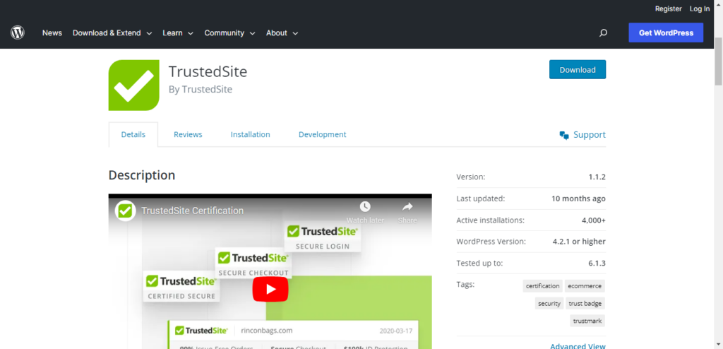 Screenshot of TrustedSite plugin download page.