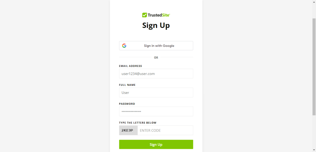 Screenshot of TrustedSite sign up form