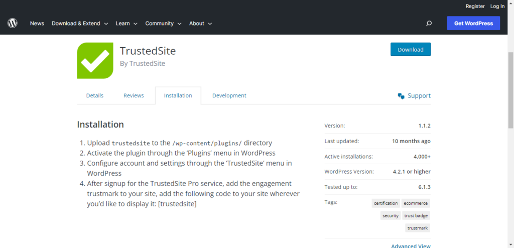 Screenshot of TrustedSite plugin installation instructions. 