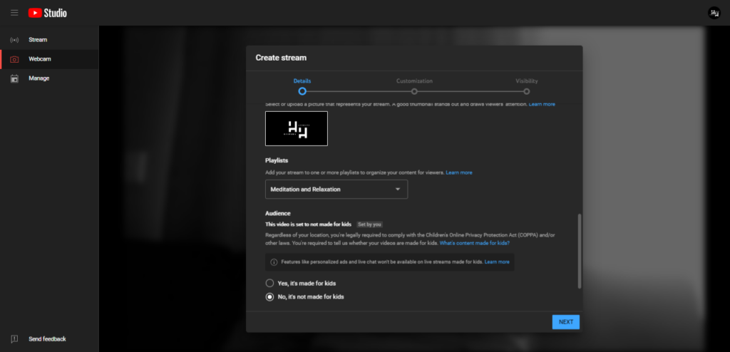 Screenshot of options for uploading a thumbnail image and whether you need to set adult age restrictions. 