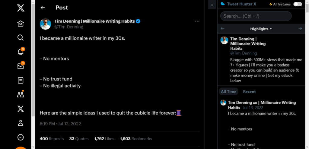 Screenshot of X (Twitter) showcasing a popular tweet from micro-influencer and writer Tim Denning.