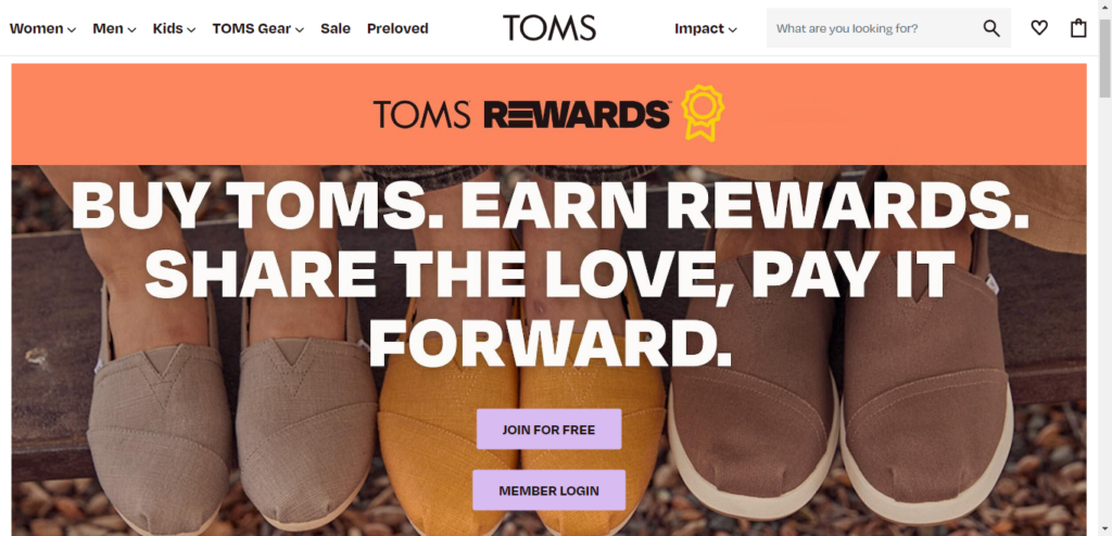 TOMS rewards page where customers can exchange points to donate to grass-roots orgs. 