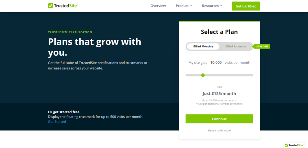 Screenshot of TrustedSite pricing. 