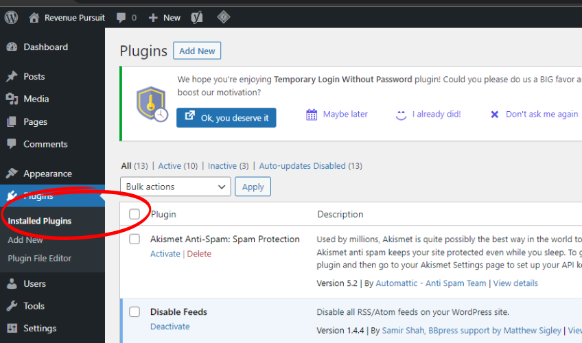 Screenshot of WordPress dashboard and where the plugin installer tab is located. 
