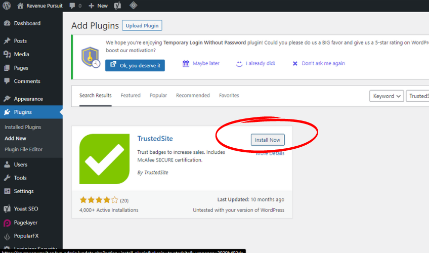 Screenshot of WordPress dashboard highlighting the install now button for TrustedSite plugin.