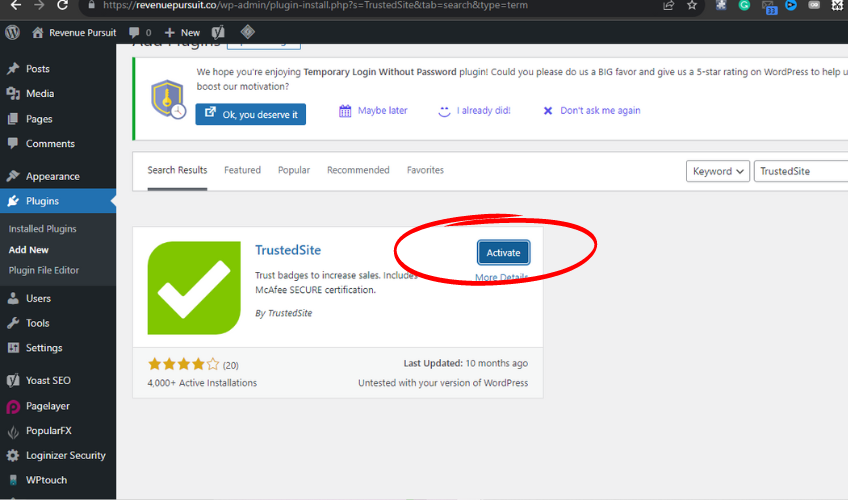 Screenshot of WordPress dashboard highlighting the activate button for TrustedSite plugin.