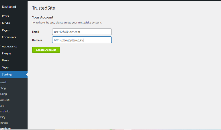 Screenshot of TrustedSite setup screen. 