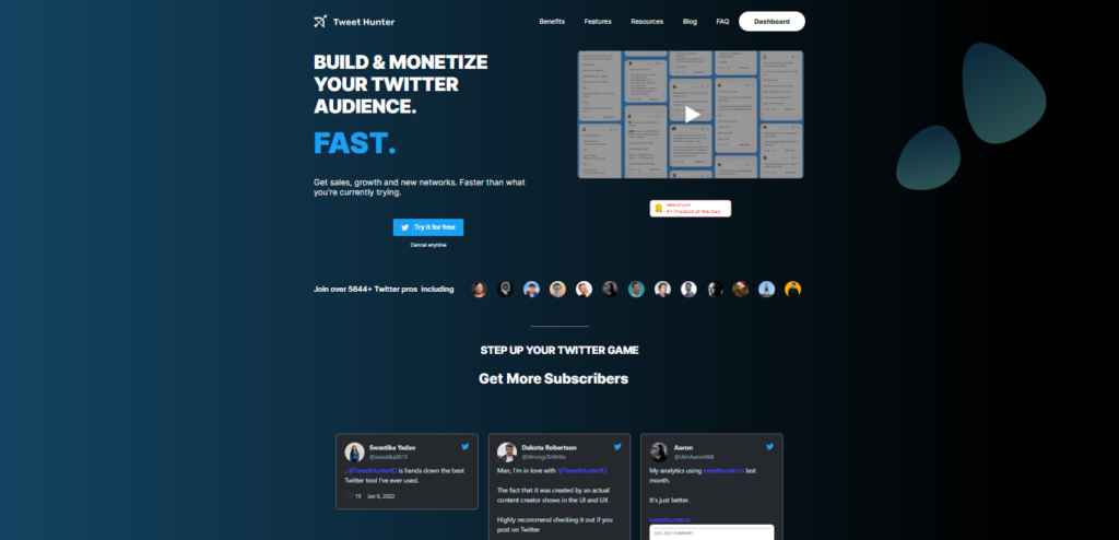 Tweet Hunter displays testimonials from users with small and large audiences. 