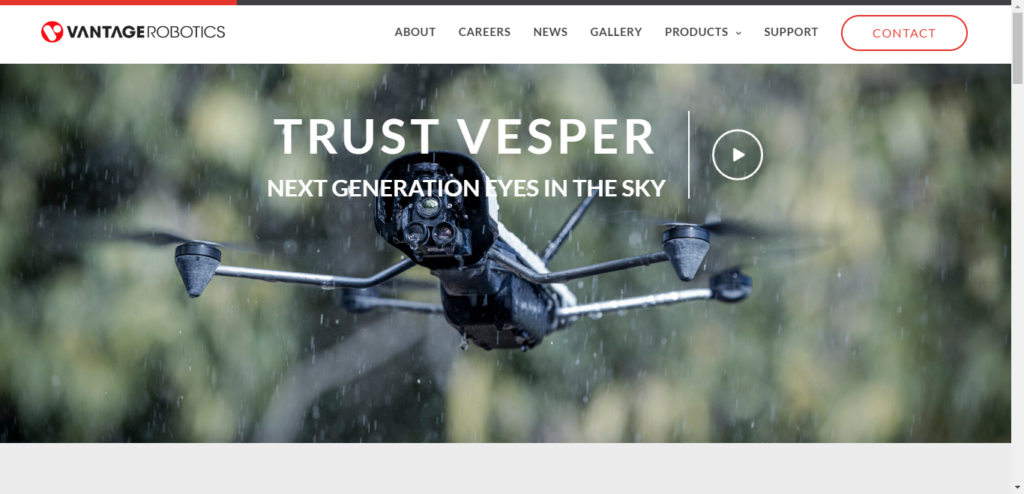 Screenshot of Vantage Robotics homepage featuring a promotional video for their Trust Vesper product. 