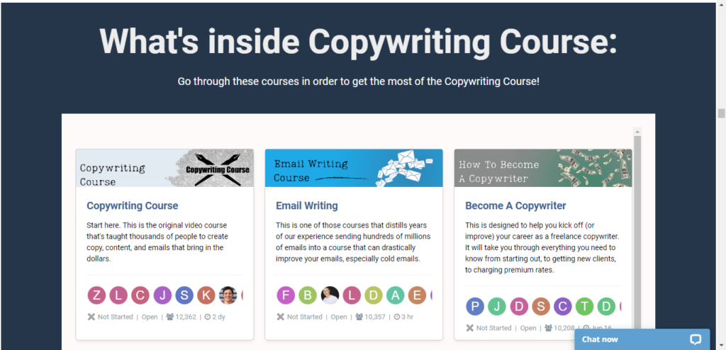 Screenshot of copywriting course module overview. 