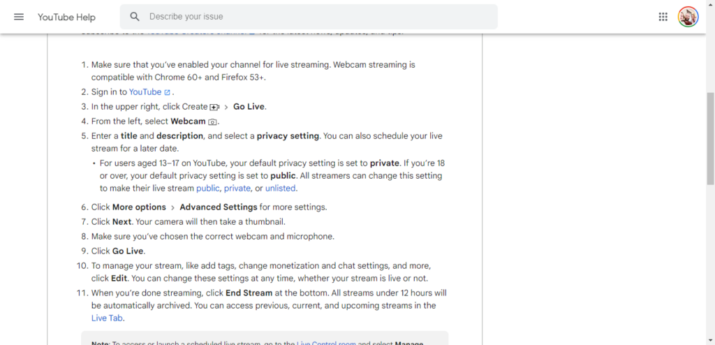 Screenshot of instructions for live-streaming on YouTube. 