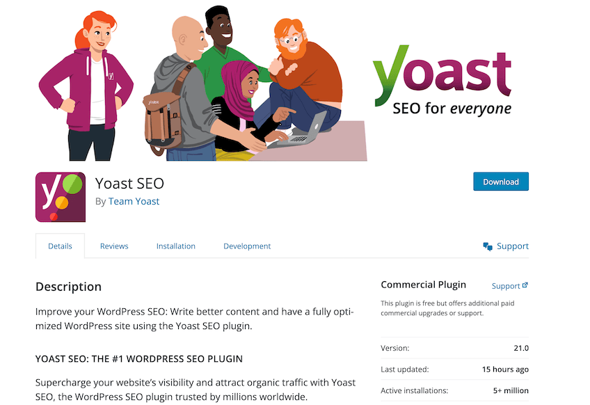 Image of Yoast SEO plugin, with cartoon people at top and menu below the image.