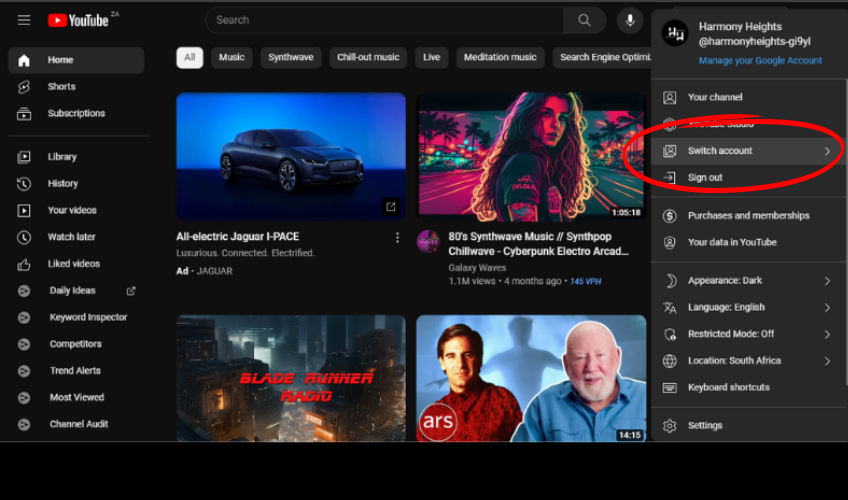 Screenshot of YouTube highlighting dropdown menu for your channel. 