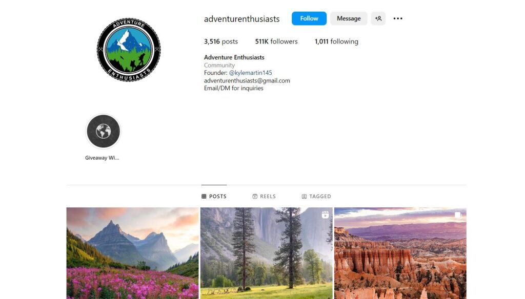 A screenshot of the Adventure enthusiasts Instagram page. 